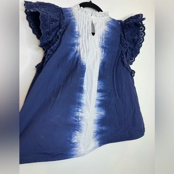 SEA New York "Evelyn" cotton tie dye blouse top XS blue white eylet lace ruffles - Picture 9 of 9